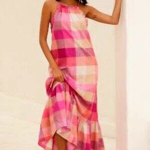 Anthropologie MALIKA Picnic Edition Printed Dress XL Pink Plaid Desert Inspired